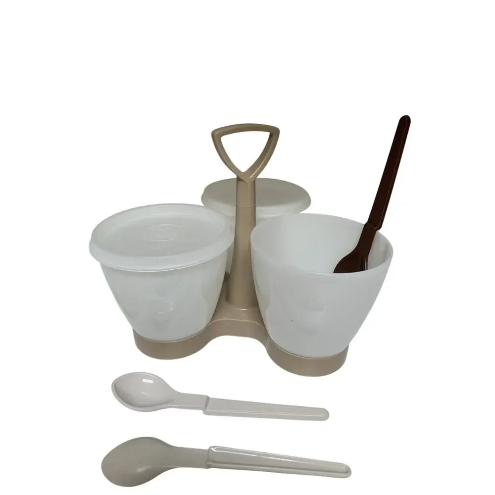 Vintage Tupperware Condiment Caddy Server w/Lids & 3 Spoons That Rest On Bowl